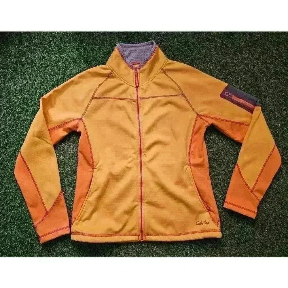 Cabelas Jacket Womens Medium Full Zip Long Sleeve Gold & Orange Fleece Pockets